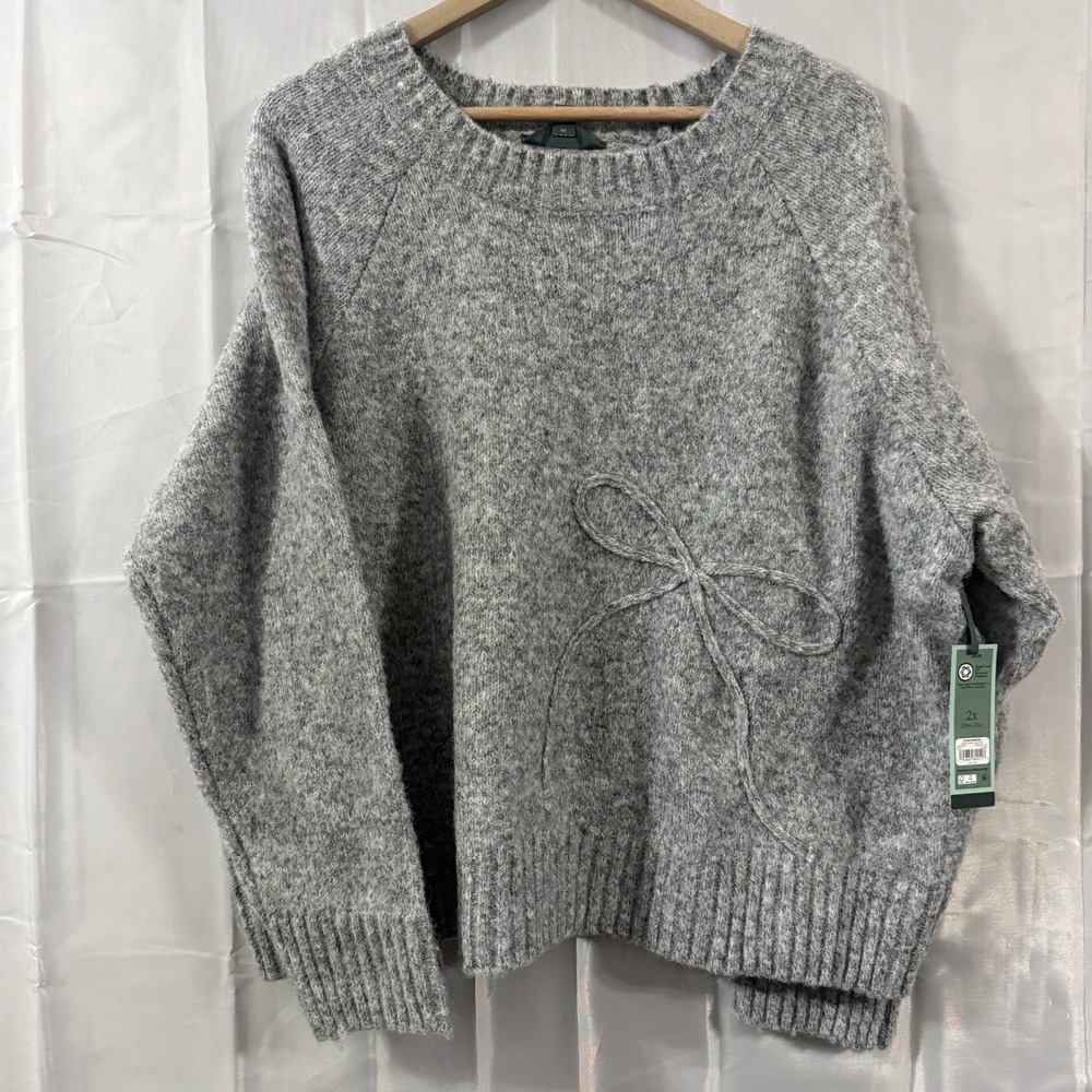 Terra & Sky Women's‎ Plus 2X Geay heather Crewneck Sweater 3D Bow Soft Soft Cozy